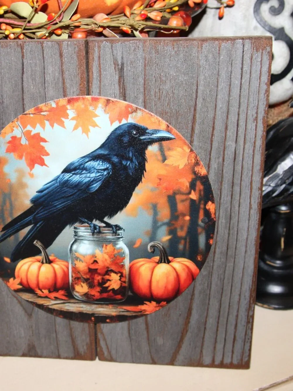 NEW Raven Crow Black Bird Pumpkin Primitive Fall Farmhouse Wall Decor Plaque